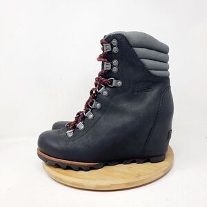 Sorel Boots Womens 7 Conquest Wedge‎ Black Lace Up Hiker Alpine Lug Shoe
